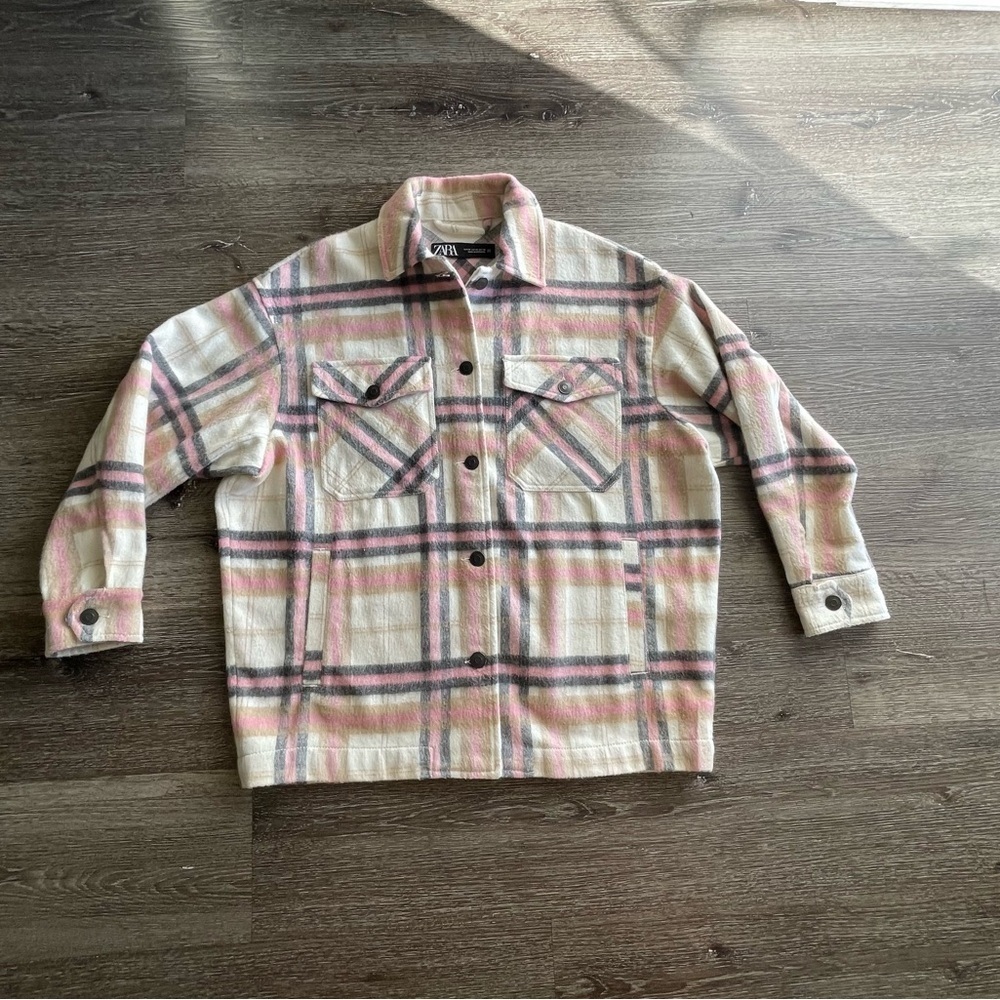 Zara Pink and Cream Plaid Shirt Jacket